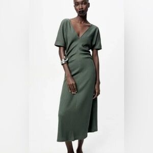 Zara Deep Sage Green Deep V Neck Ruched Waist Midaxi Dress - Size Large (10)